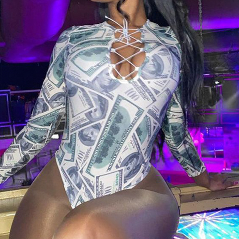 Trendy Print Cutout Lace-Up Long Sleeve Babe Jumpsuit