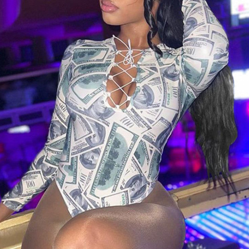 Trendy Print Cutout Lace-Up Long Sleeve Babe Jumpsuit