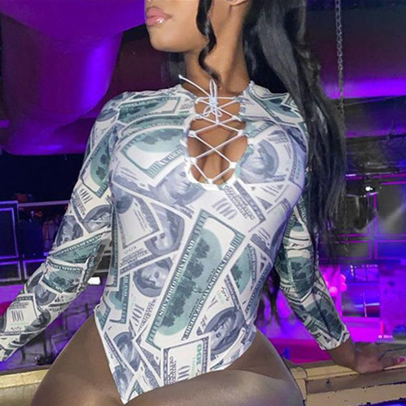 Trendy Print Cutout Lace-Up Long Sleeve Babe Jumpsuit