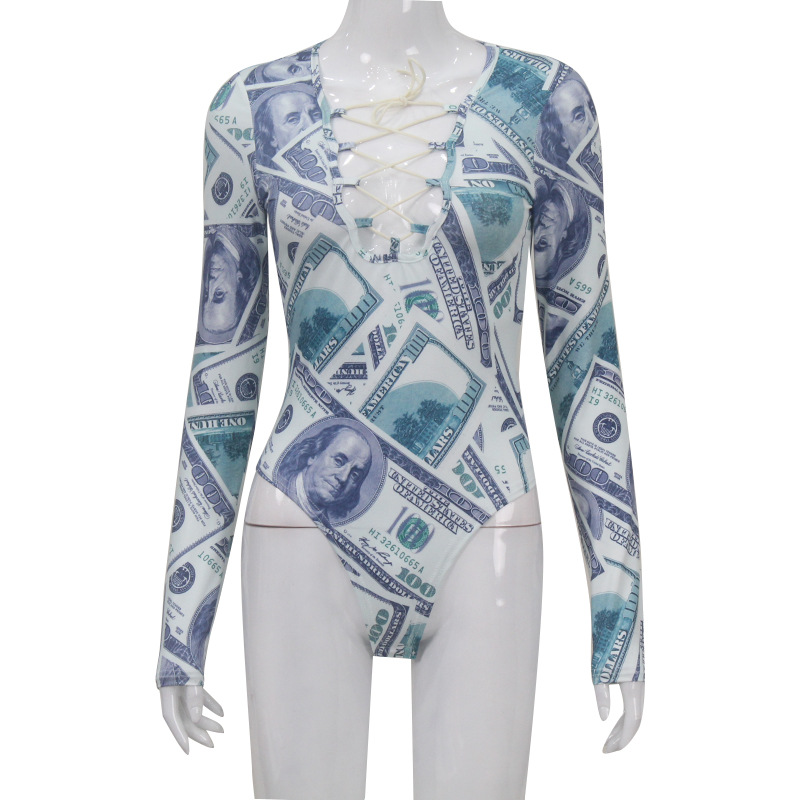 Trendy Print Cutout Lace-Up Long Sleeve Babe Jumpsuit