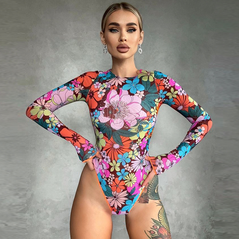 Summer Print Round Neck Long Sleeve High-Waisted Bodysuit Swimwear