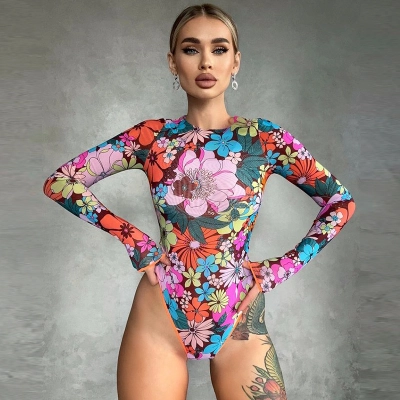 Summer Print Round Neck Long Sleeve High-Waisted Bodysuit Swimwear 01