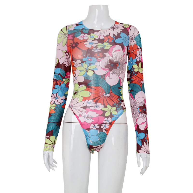 Summer Print Round Neck Long Sleeve High-Waisted Bodysuit Swimwear