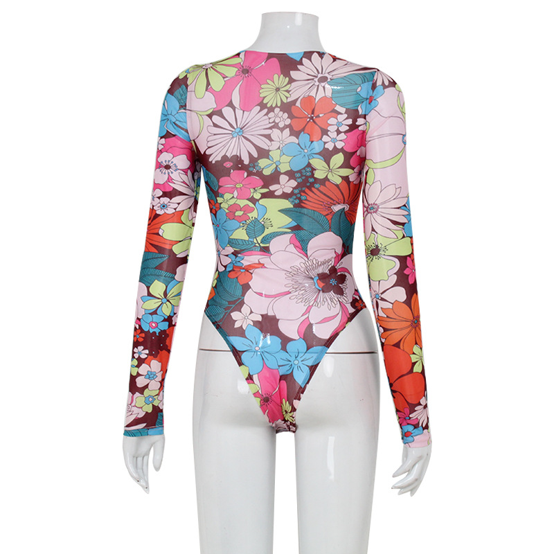 Summer Print Round Neck Long Sleeve High-Waisted Bodysuit Swimwear