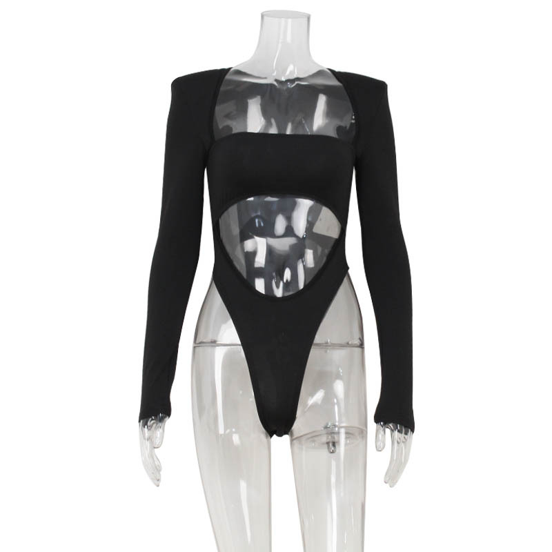 Sexy Long Sleeve Bustier Cutout High-Waisted Padded Shoulder Jumpsuit