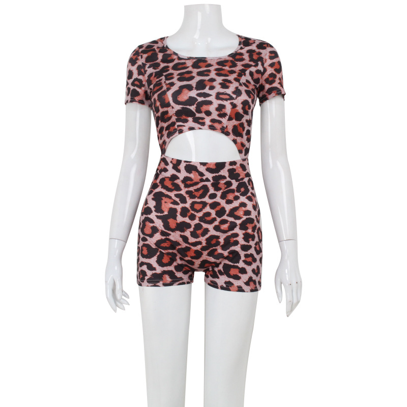 Sexy Leopard Print Short Sleeve Backless Bodysuit Leggings