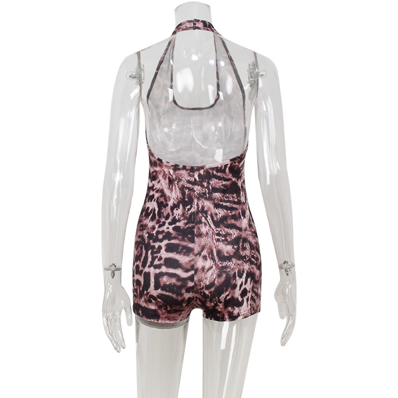 Sexy U-Neck Halter Backless Leopard Print Bodycon Jumpsuit Shorts