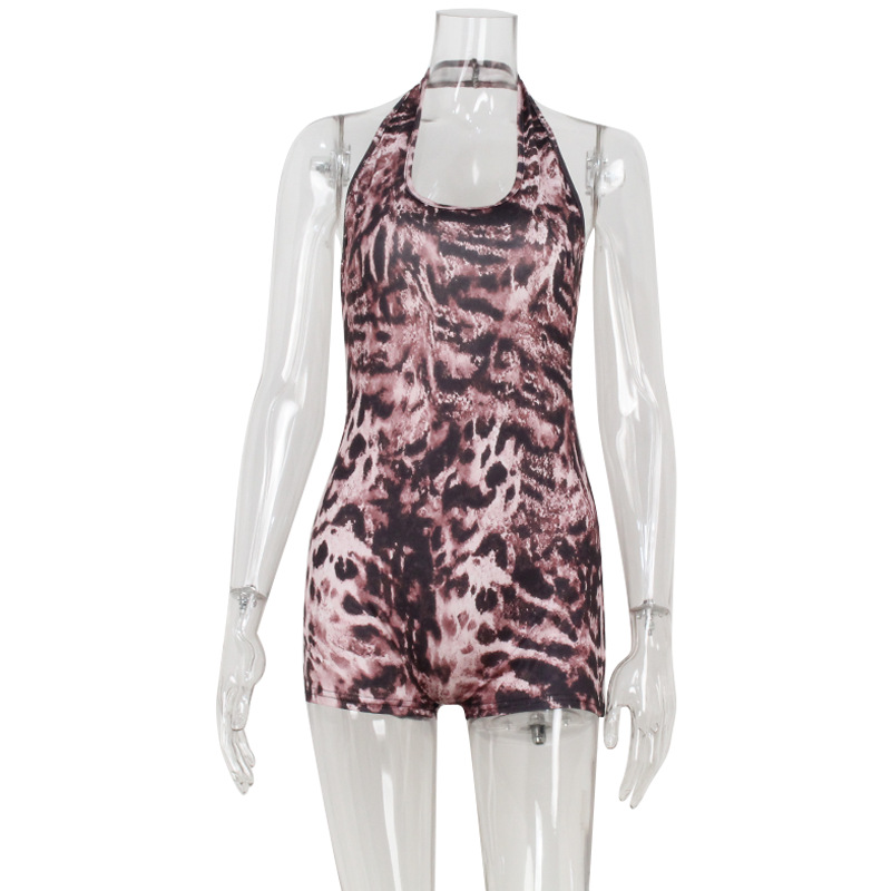 Sexy U-Neck Halter Backless Leopard Print Bodycon Jumpsuit Shorts