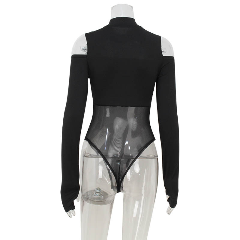 Bodycon Long Sleeve Off-Shoulder Sheer Mesh Jumpsuit