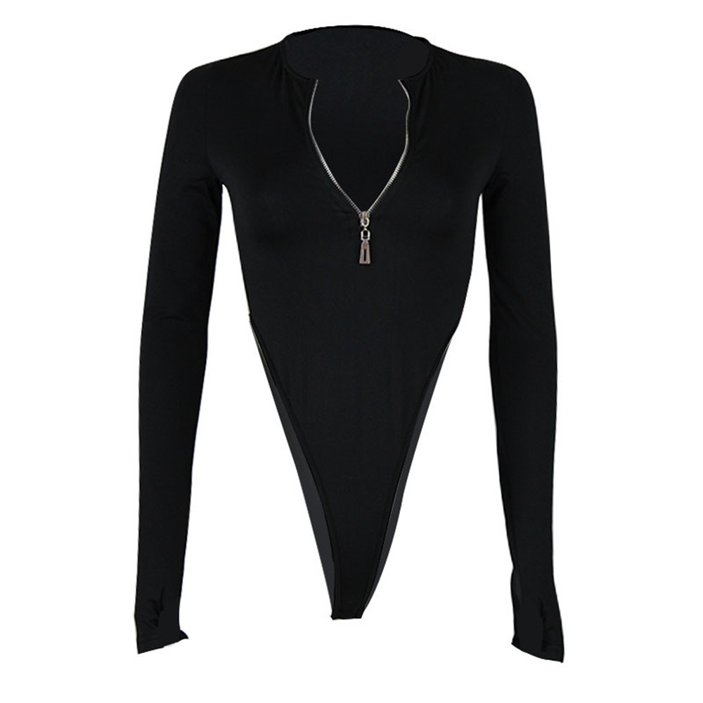 Round Neck Long Sleeve High-Waisted Zipper Crop Bodysuit