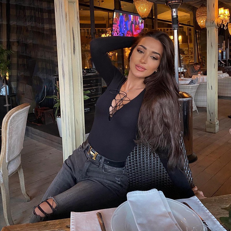 Long Sleeve Deep V Cutout Mesh Lace-Up Bodycon Jumpsuit for Women