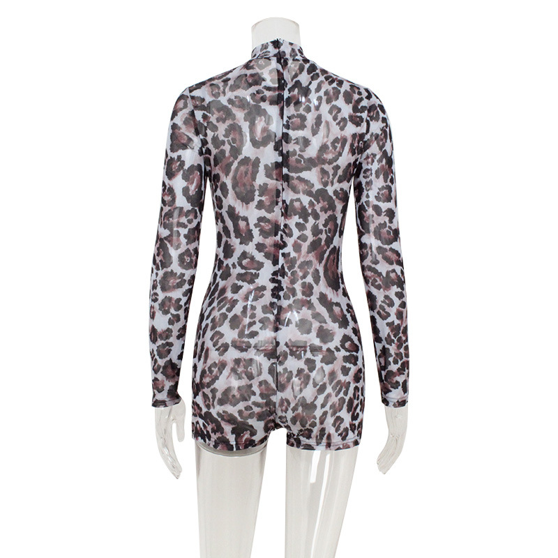 Hot Girl Round Neck Long Sleeve Leopard Print Stretch Bodysuit – Sexy High-Elastic Jumpsuit for Club & Festival