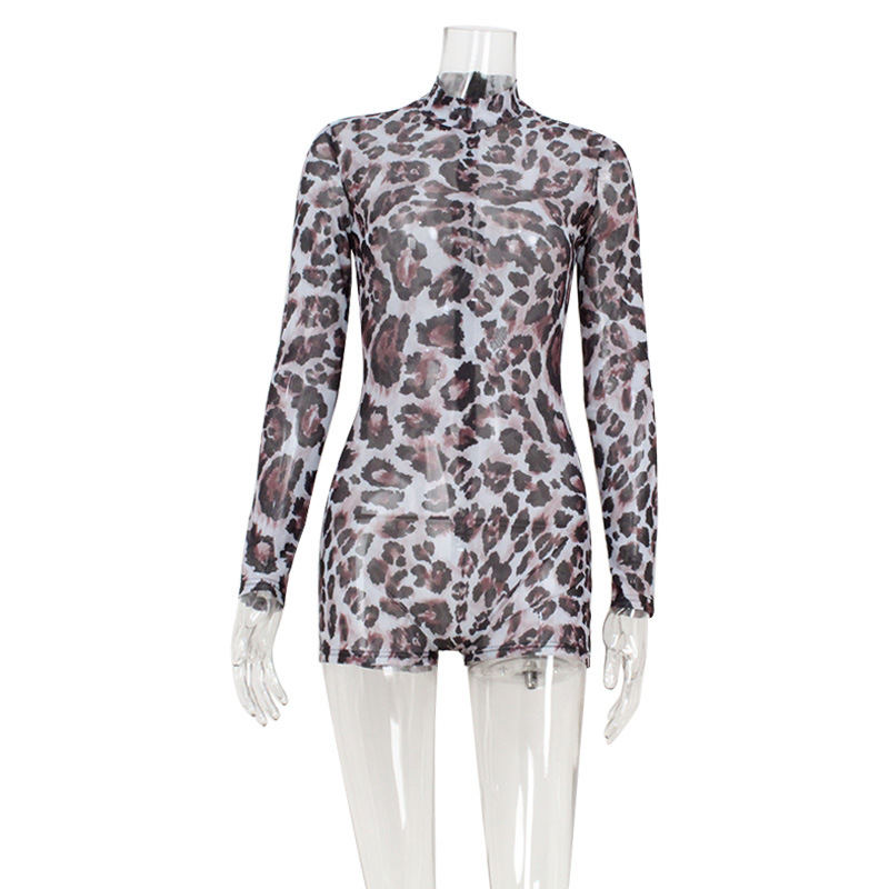Hot Girl Round Neck Long Sleeve Leopard Print Stretch Bodysuit – Sexy High-Elastic Jumpsuit for Club & Festival
