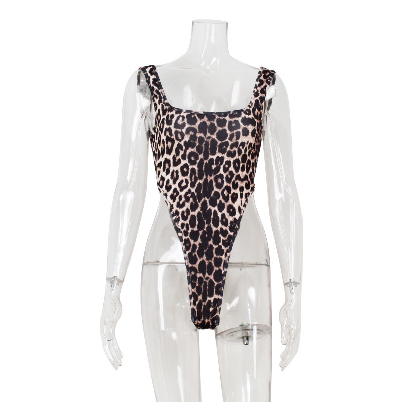 Square Neck Sleeveless High-Waisted Backless Leopard Jumpsuit