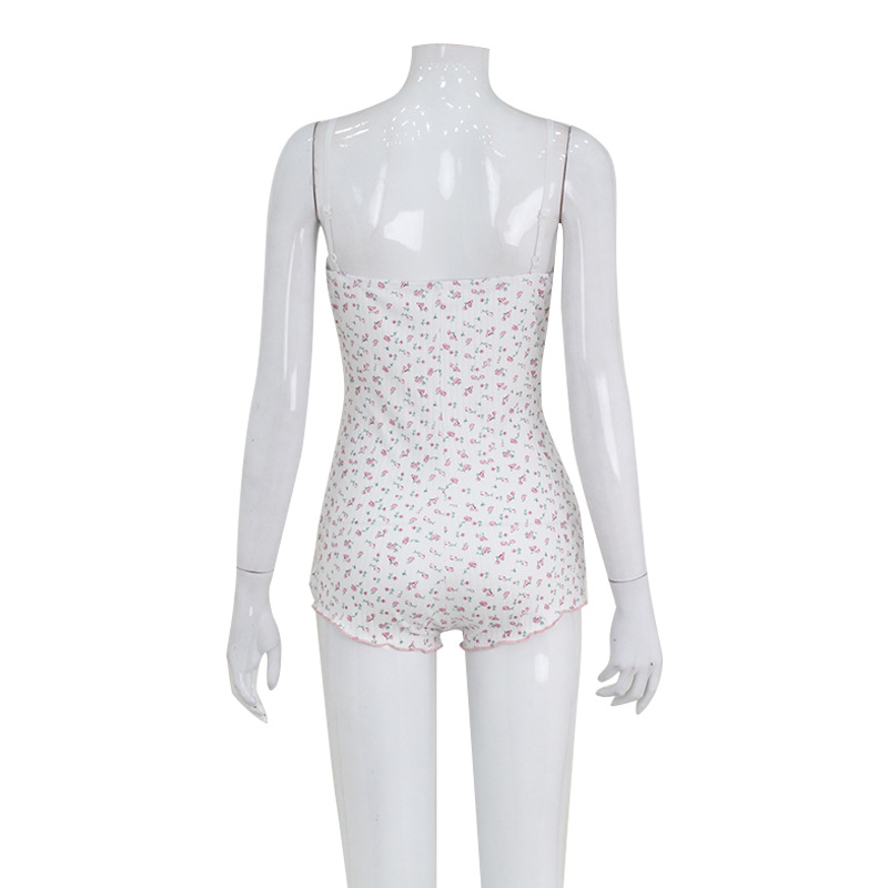 Floral Print V-Neck Lace Trim Strap Jumpsuit for Women