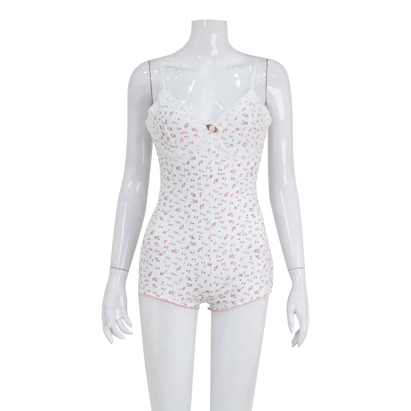 Floral Print V-Neck Lace Trim Strap Jumpsuit for Women