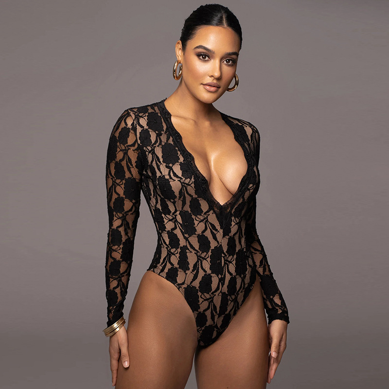 Lace Panel Long Sleeve V-Neck Bodycon Jumpsuit for Women