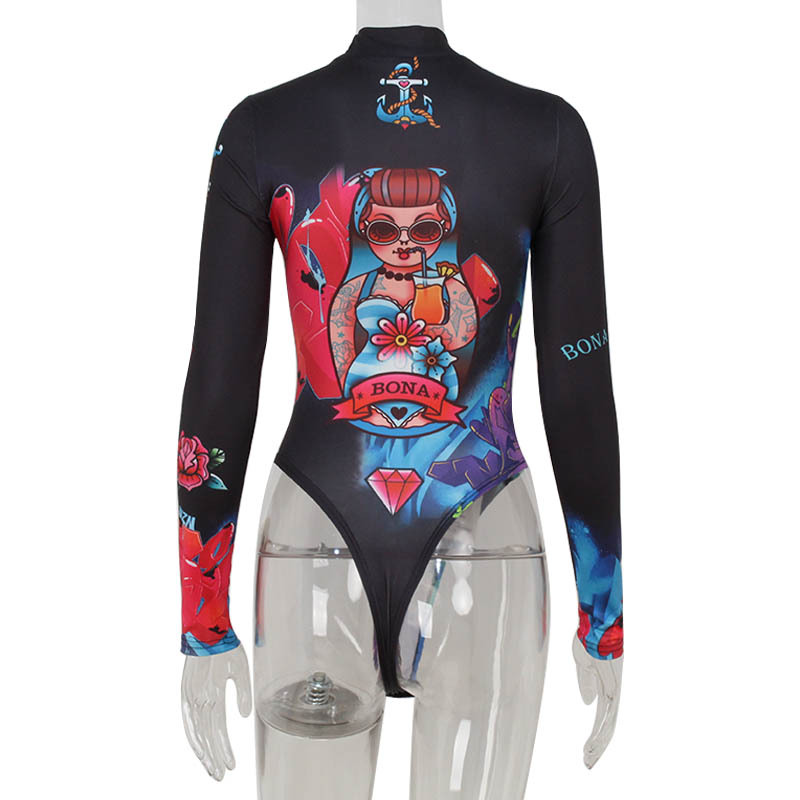 Long Sleeve Mock Neck Street Style Print Bodycon Jumpsuit