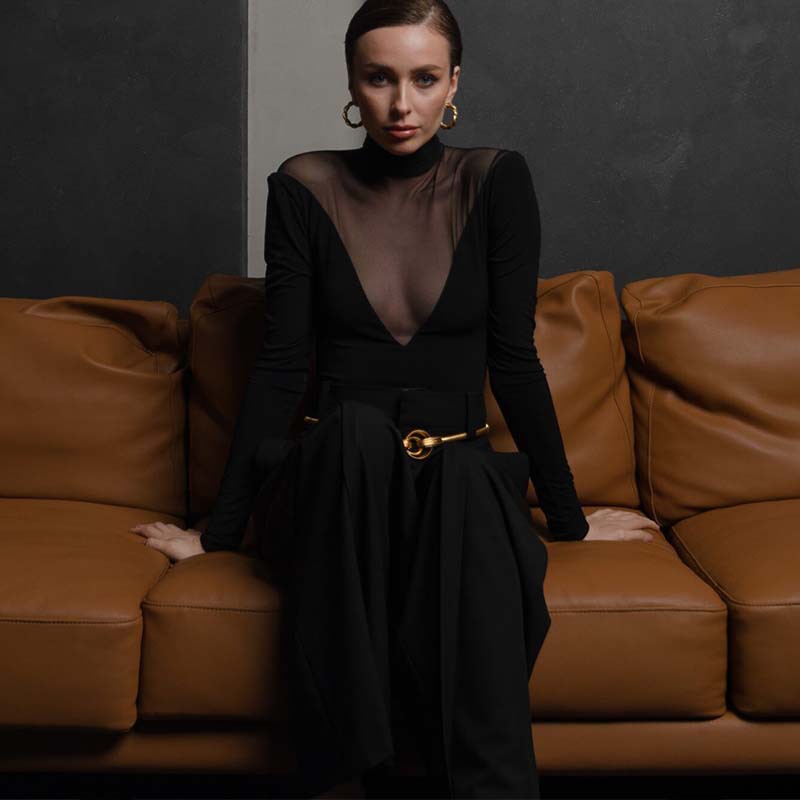 Fall Mock Neck Mesh Panel Backless Cutout Bodycon Bodysuit