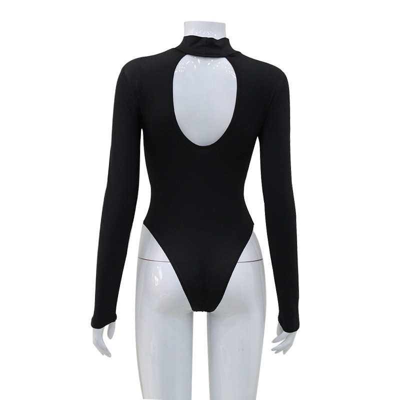 Fall Mock Neck Mesh Panel Backless Cutout Bodycon Bodysuit