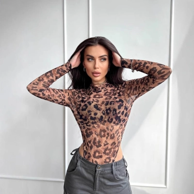 Edgy Babe Style Leopard Print Long Sleeve Round Neck Bodycon Top 02