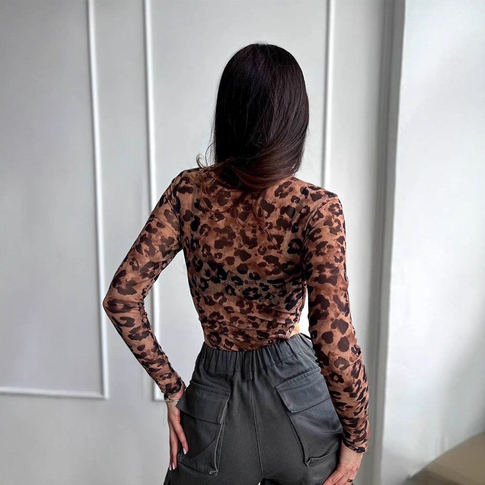 Edgy Babe Style Leopard Print Long Sleeve Round Neck Bodycon Top