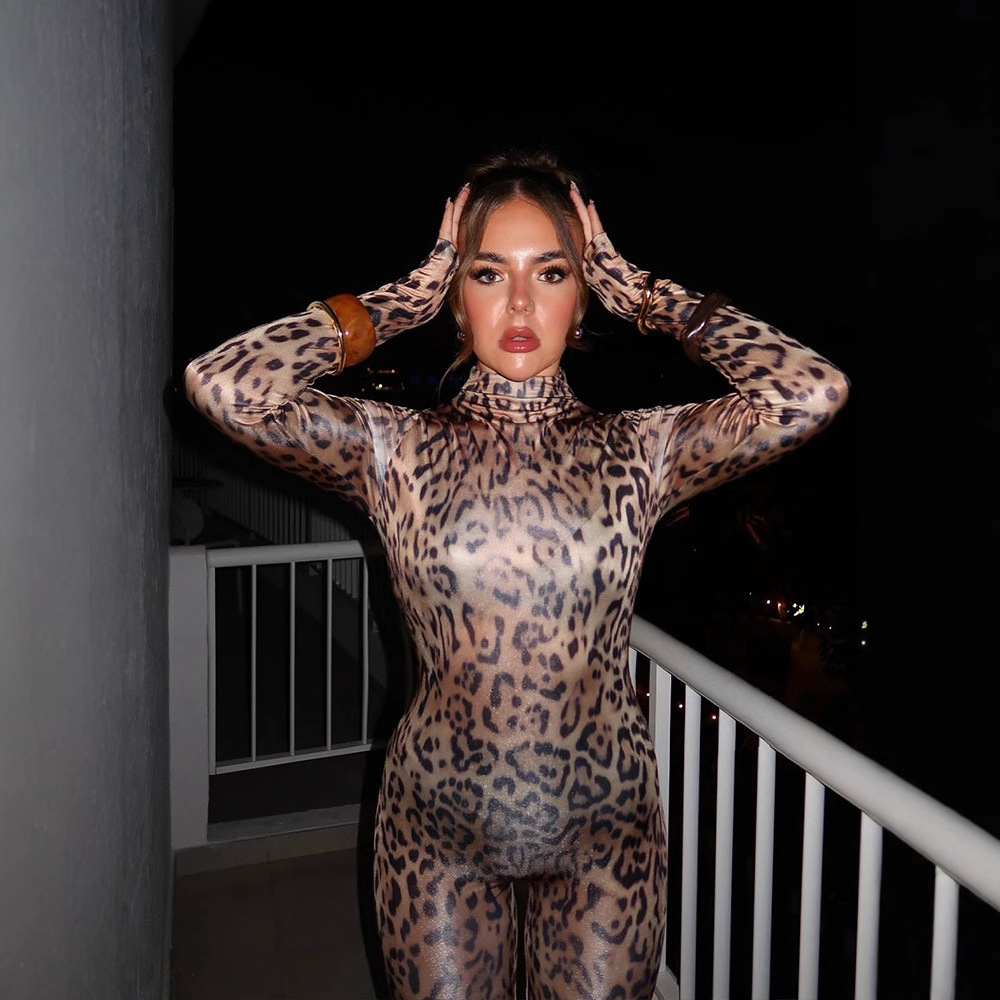 Streetwear Leopard Print Long Sleeve Jumpsuit with Full-Length Pants