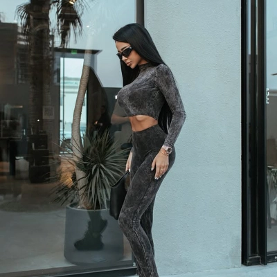 Long Sleeve Crop Top & Full-Length Legging Set – Deryuan Print Bodycon 2-Piece Outfit 02