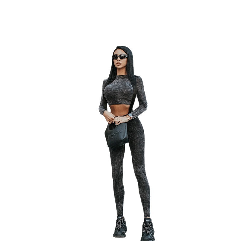 Long Sleeve Crop Top & Full-Length Legging Set – Deryuan Print Bodycon 2-Piece Outfit