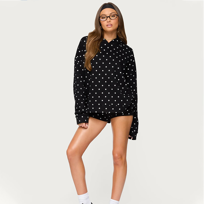 Polka Dot Print Oversized Crop Hoodie for Women – Lightweight Pullover Sweatshirt