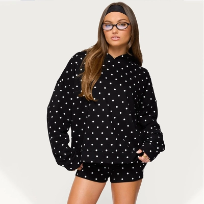 Polka Dot Print Oversized Crop Hoodie for Women – Lightweight Pullover Sweatshirt 02