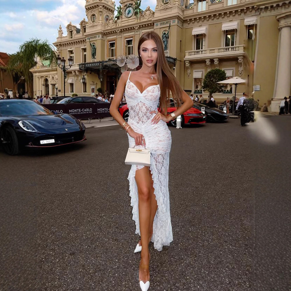 Solid Color Lace Backless Strap Maxi Dress with Side Slit & Train