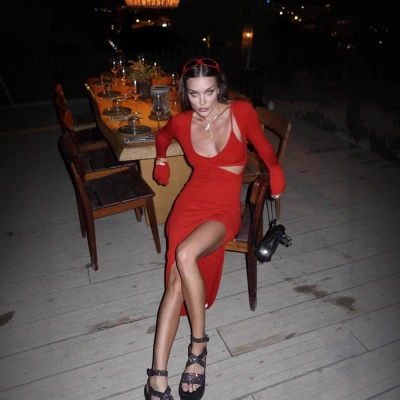 Red Irregular Cutout Long Sleeve Bodycon Dress with High Slit 02