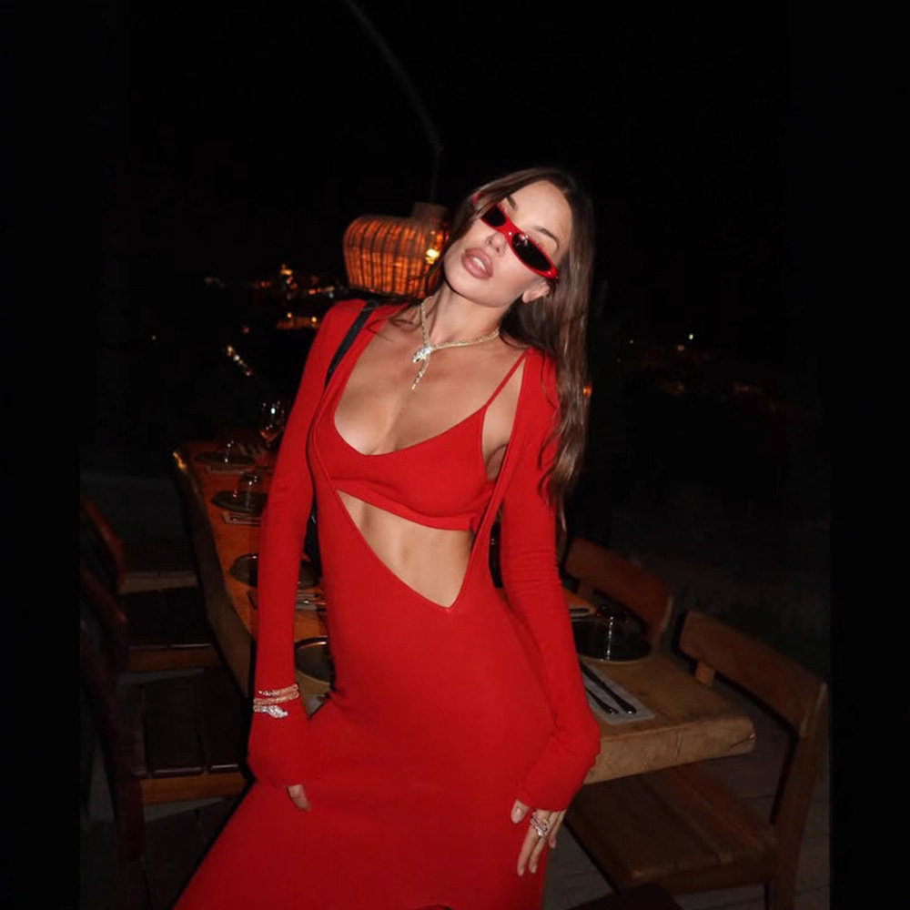 Red Irregular Cutout Long Sleeve Bodycon Dress with High Slit
