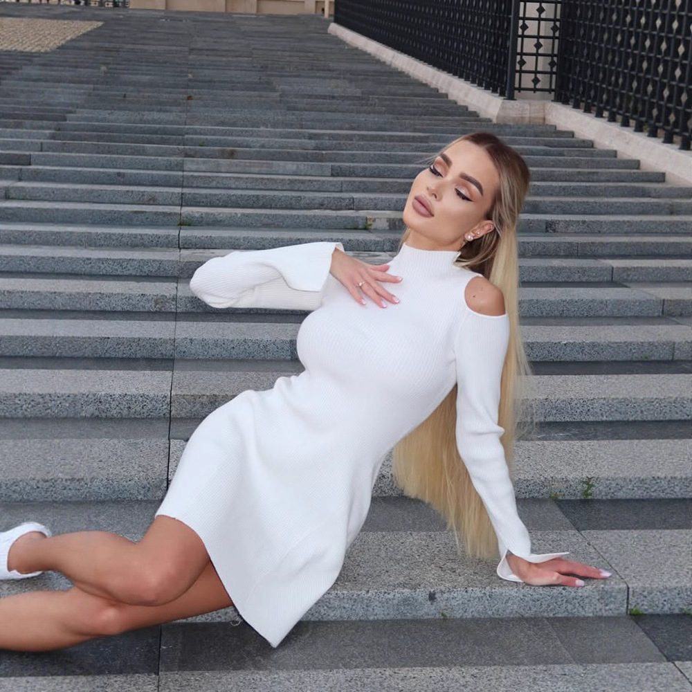 Mock Neck Off-Shoulder Long Sleeve Solid Color Bodycon Dress