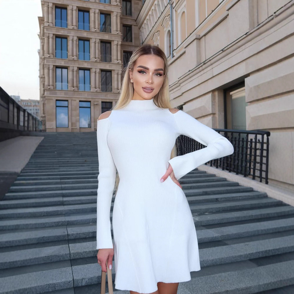 Mock Neck Off-Shoulder Long Sleeve Solid Color Bodycon Dress