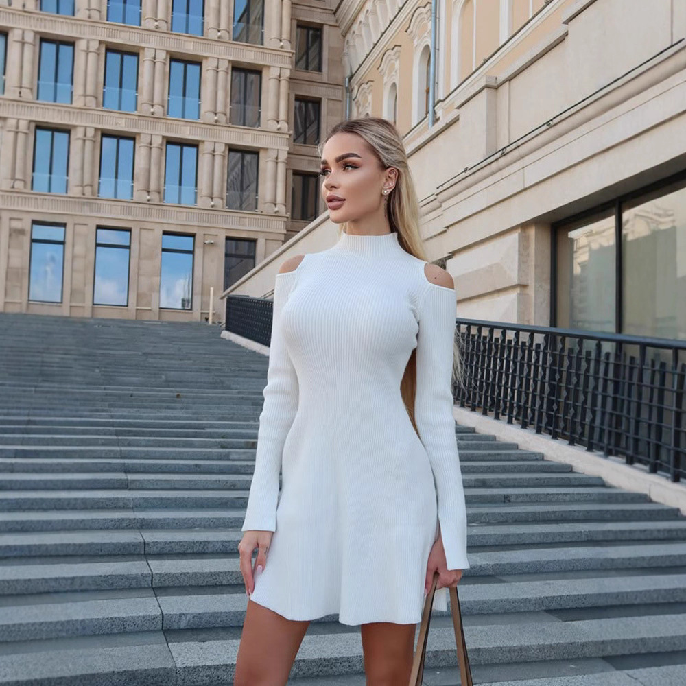 Mock Neck Off-Shoulder Long Sleeve Solid Color Bodycon Dress