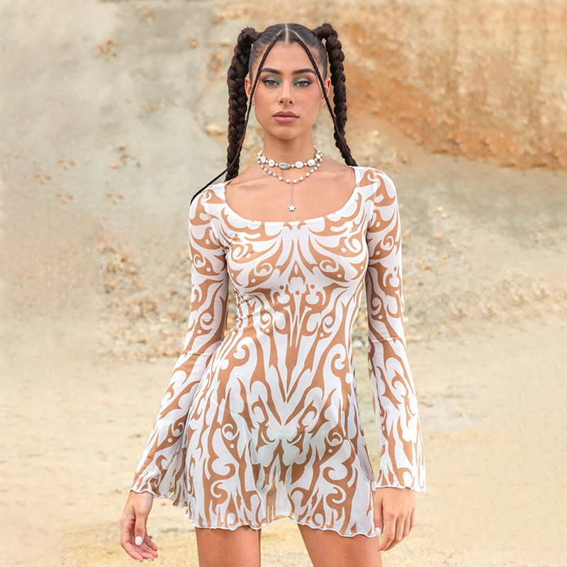 Round Neck Bell Sleeve A-Line Printed Dress with Waist Detail