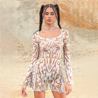 Round Neck Bell Sleeve A-Line Printed Dress with Waist Detail 01