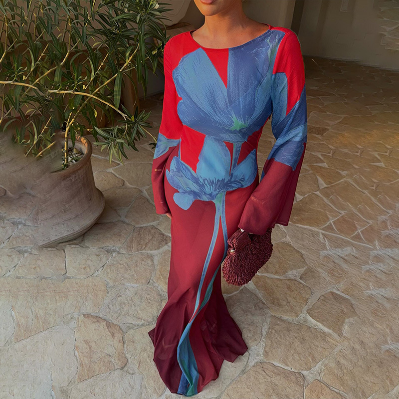 Round Neck Long Sleeve Maxi Dress – Elegant Floor-Length Floral Print Gown for Women