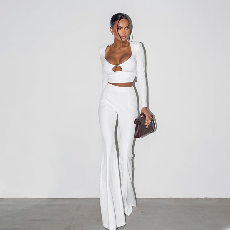 Elegant Solid Color Tailored Long Sleeve Top & Pants Set for Women