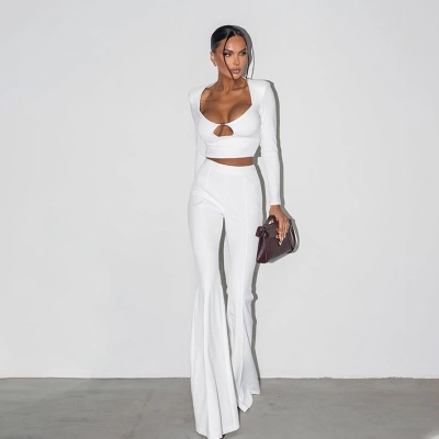 Elegant Solid Color Tailored Long Sleeve Top & Pants Set for Women 01