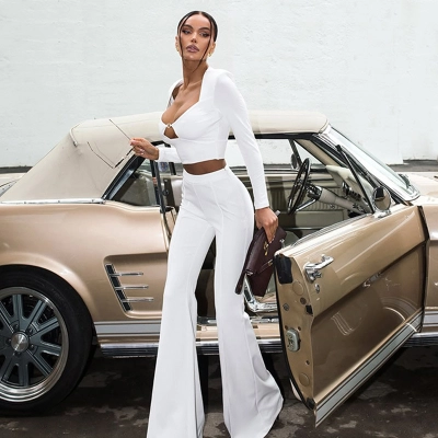 Elegant Solid Color Tailored Long Sleeve Top & Pants Set for Women 02