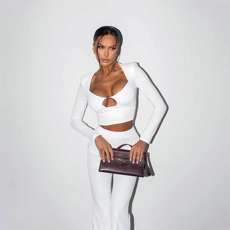 Elegant Solid Color Tailored Long Sleeve Top & Pants Set for Women