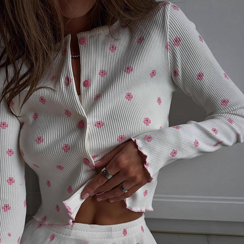 Floral Ruffle Trim Long Sleeve Lounge Set – Spring & Fall Women's 2-Piece Pajama Set for Home or Out