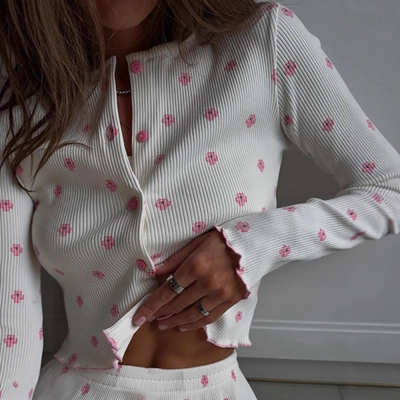 Floral Ruffle Trim Long Sleeve Lounge Set – Spring & Fall Women's 2-Piece Pajama Set for Home or Out 01