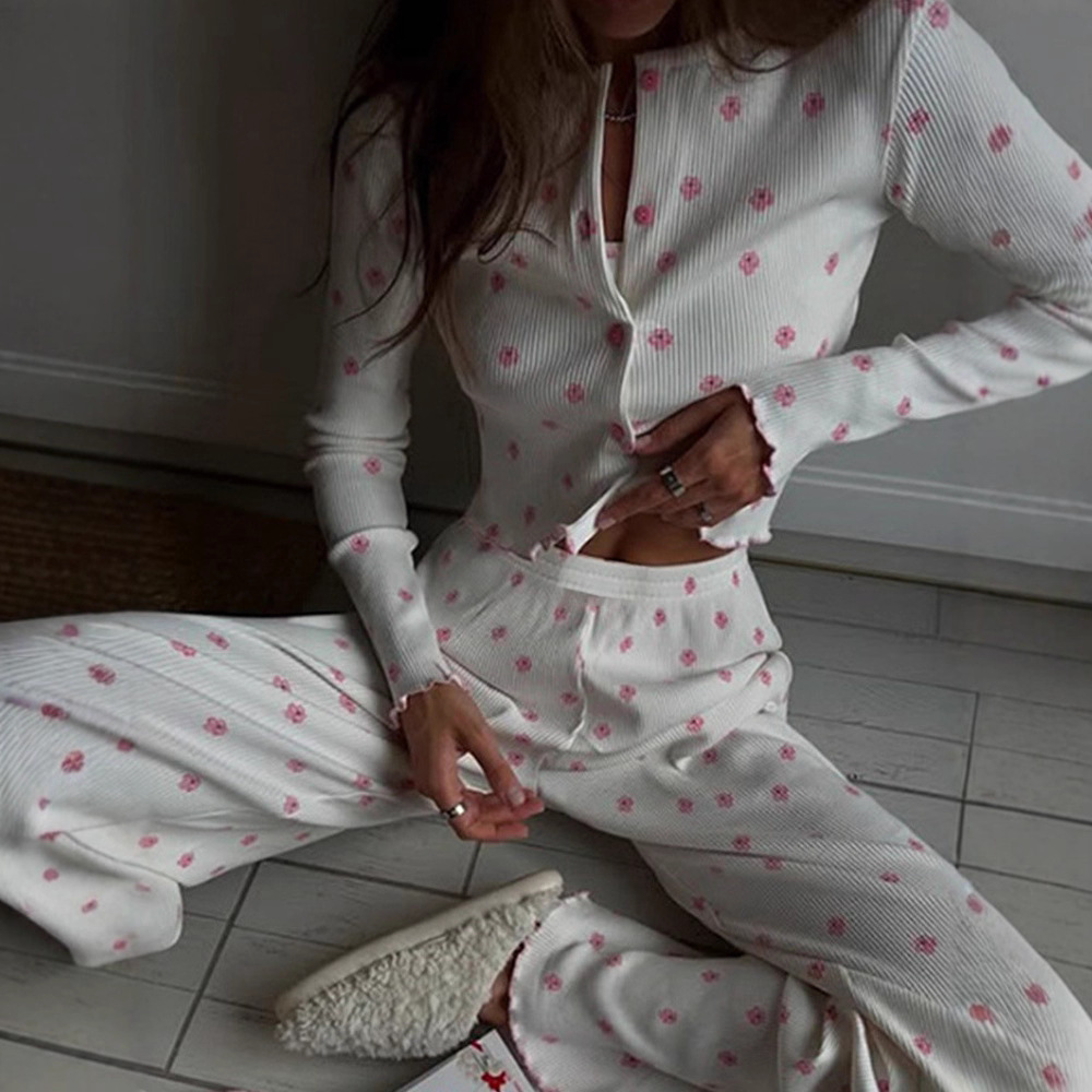 Floral Ruffle Trim Long Sleeve Lounge Set – Spring & Fall Women's 2-Piece Pajama Set for Home or Out
