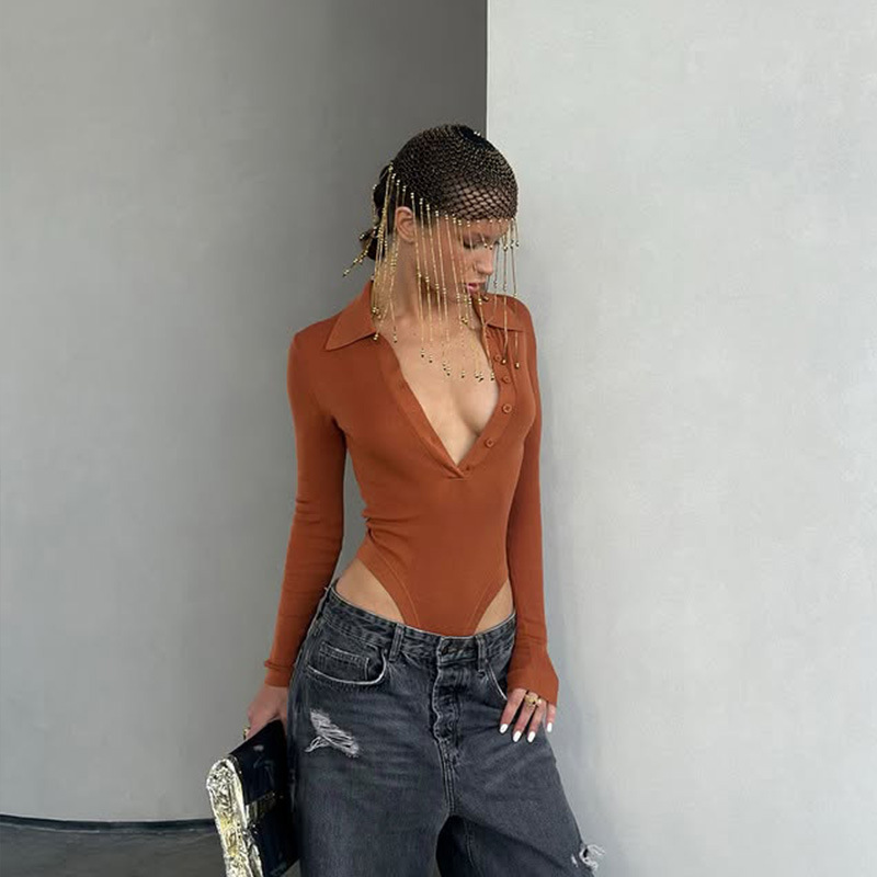 Slim Fit Notched Lapel Button-Down Bodysuit – High-Stretch European Style Bodysuit for Women