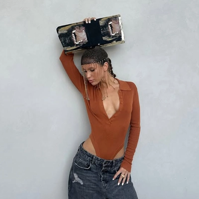 Slim Fit Notched Lapel Button-Down Bodysuit – High-Stretch European Style Bodysuit for Women 01