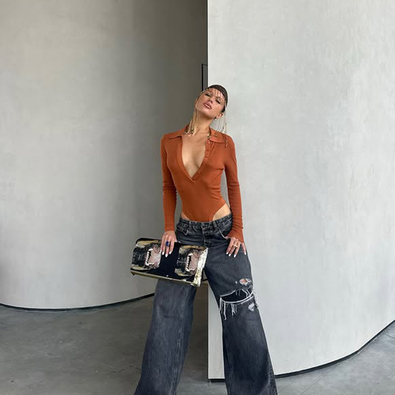 Slim Fit Notched Lapel Button-Down Bodysuit – High-Stretch European Style Bodysuit for Women